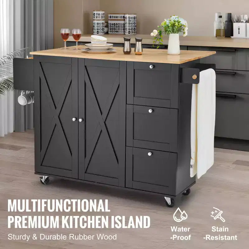 Desserte d'îlot de cuisine VEVOR, chariot mobile de 56 po avec plateau en bois, armoire de rangement, table roulante avec abattant, étagère à épices, porte-serviettes, étagère réglable