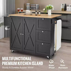Desserte d'îlot de cuisine VEVOR, chariot mobile de 56 po avec plateau en bois, armoire de rangement, table roulante avec abattant, étagère à épices, porte-serviettes, étagère réglable
