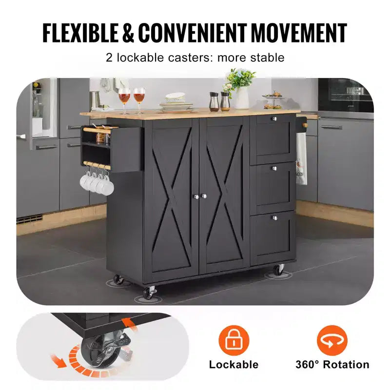 Desserte d'îlot de cuisine VEVOR, chariot mobile de 56 po avec plateau en bois, armoire de rangement, table roulante avec abattant, étagère à épices, porte-serviettes, étagère réglable