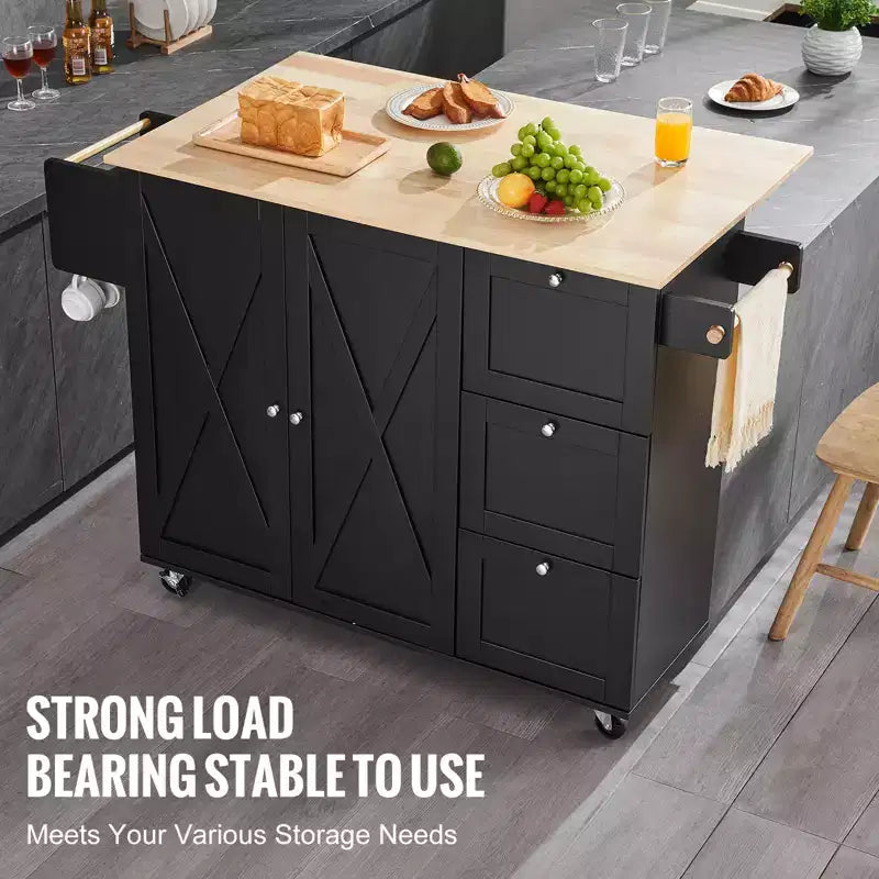 Desserte d'îlot de cuisine VEVOR, chariot mobile de 56 po avec plateau en bois, armoire de rangement, table roulante avec abattant, étagère à épices, porte-serviettes, étagère réglable
