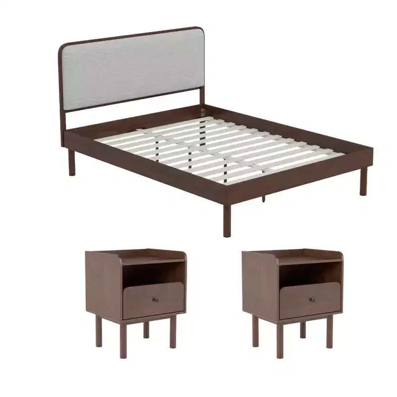 Ensemble de chambre à coucher Roundhill Furniture Wyller 3 pièces, lit plateforme avec deux tables de chevet, Noyer naturel, Grand lit