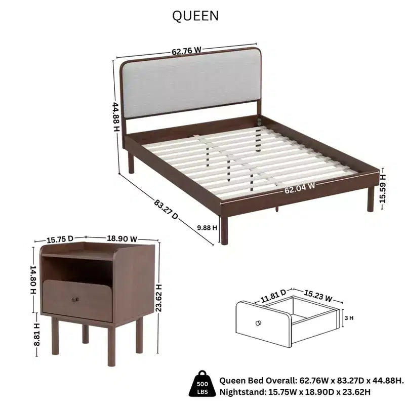 Ensemble de chambre à coucher Roundhill Furniture Wyller 3 pièces, lit plateforme avec deux tables de chevet, Noyer naturel, Grand lit
