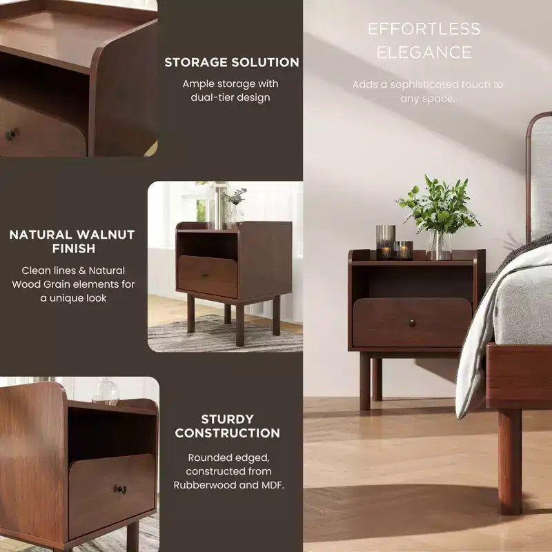 Ensemble de chambre à coucher Roundhill Furniture Wyller 3 pièces, lit plateforme avec deux tables de chevet, Noyer naturel, Grand lit