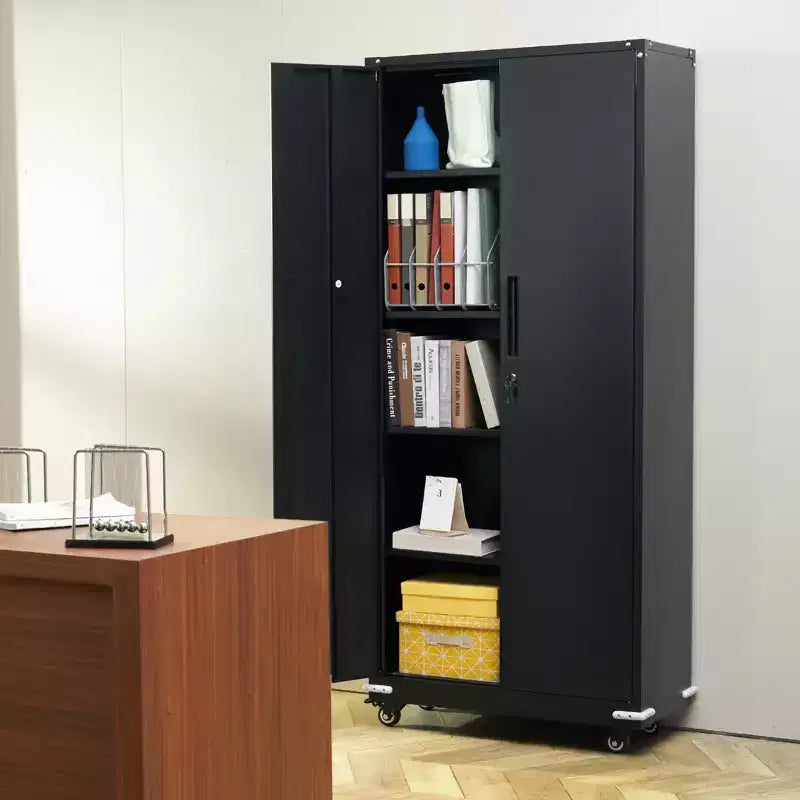 Meuble de rangement métallique VEVOR avec roulettes, Armoire verrouillable de 190,5 cm avec 4 étagères réglables et 2 portes magnétiques, Capacité de 90,7 kg par étagère, Noir