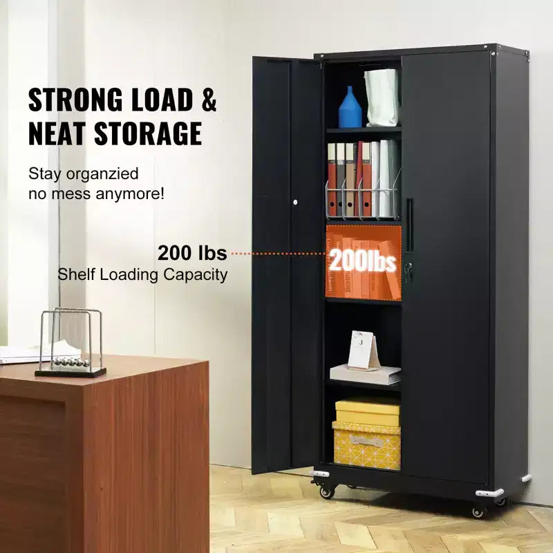 Meuble de rangement métallique VEVOR avec roulettes, Armoire verrouillable de 190,5 cm avec 4 étagères réglables et 2 portes magnétiques, Capacité de 90,7 kg par étagère, Noir