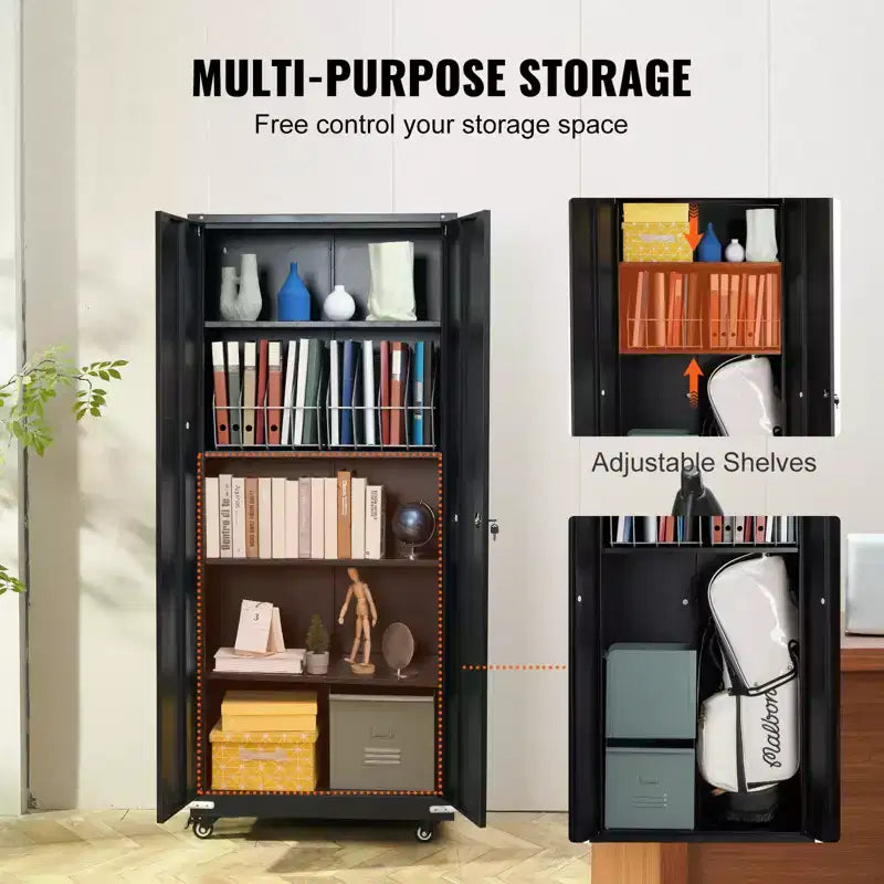 Meuble de rangement métallique VEVOR avec roulettes, Armoire verrouillable de 190,5 cm avec 4 étagères réglables et 2 portes magnétiques, Capacité de 90,7 kg par étagère, Noir
