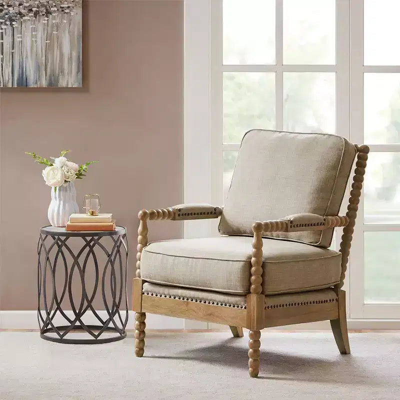 Fauteuil d'appoint Okak avec revêtement confortable, coussin amovible, cadre en bois massif, fauteuil de lecture classique et élégant pour salon, salle d'attente