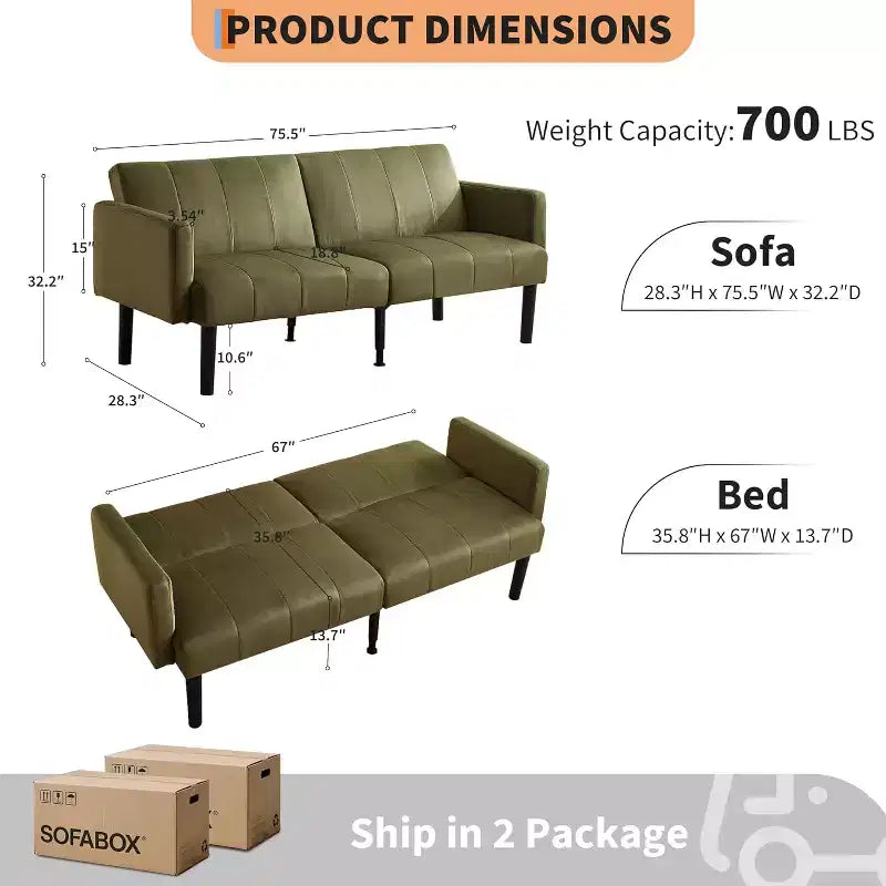 Canapé convertible réglable de 75,5 po, inclinable sur 3 positions avec design surélevé pour petits espaces (Gris/Vert)