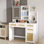 Okak Vanity Table with Lights, 3-Color LED Lighting & Flip Mirror, 4-Drawer Vanity Desk with Cabinet-Shelf Storage System, White