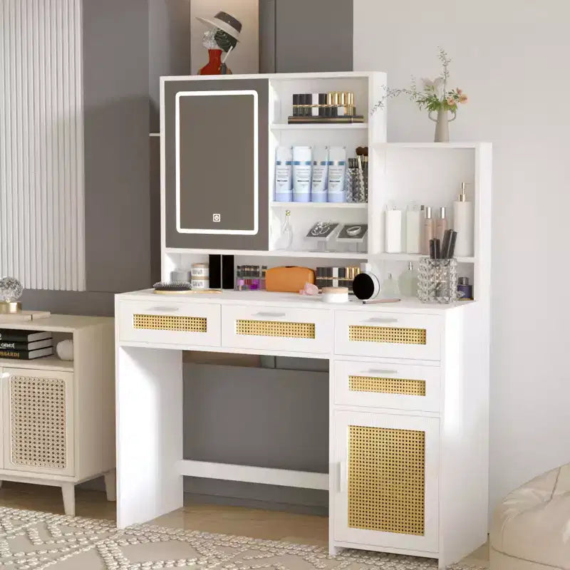 Okak Vanity Table with Lights, 3-Color LED Lighting & Flip Mirror, 4-Drawer Vanity Desk with Cabinet-Shelf Storage System, White