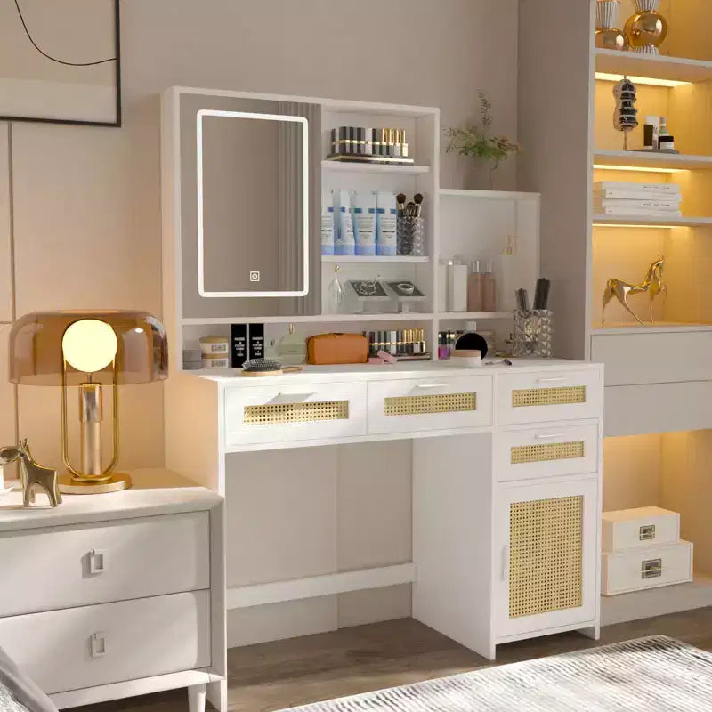 Coiffeuse Okak avec Lumières, Éclairage LED 3 Couleurs & Miroir Rabattable, Coiffeuse 4 Tiroirs avec Système de Rangement Armoire-Étagère, Blanc