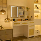 Coiffeuse Okak avec Lumières, Éclairage LED 3 Couleurs & Miroir Rabattable, Coiffeuse 4 Tiroirs avec Système de Rangement Armoire-Étagère, Blanc