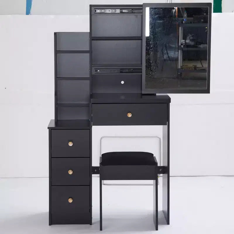 Okak Vanity Table and Chair Set, 29.2 Small Left Bedside Cabinet Vanity Table with Extra Large Touch Control Sliding LED Mirror, Black