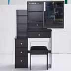 Okak Vanity Table and Chair Set, 29.2 Small Left Bedside Cabinet Vanity Table with Extra Large Touch Control Sliding LED Mirror, Black