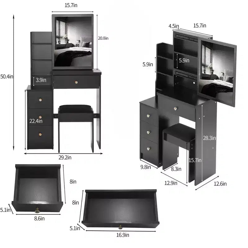 Coiffeuse et chaise Okak, petite coiffeuse de 74,1 cm à gauche de chevet avec miroir coulissant LED tactile extra-large, noir