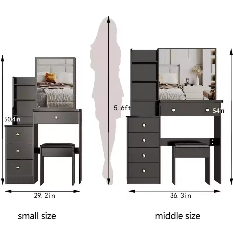Coiffeuse et chaise Okak, petite coiffeuse de 74,1 cm à gauche de chevet avec miroir coulissant LED tactile extra-large, noir