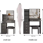 Coiffeuse et chaise Okak, petite coiffeuse de 74,1 cm à gauche de chevet avec miroir coulissant LED tactile extra-large, noir