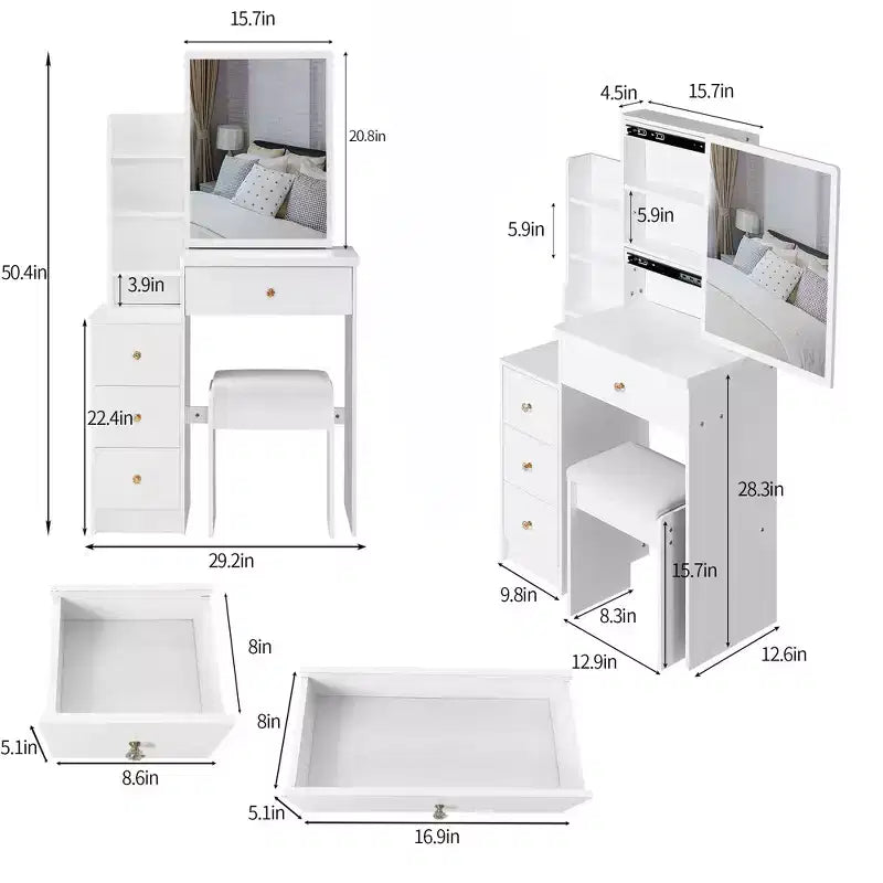 Coiffeuse Okak avec chaise et tabouret rembourré, coiffeuse compacte de 74,2 cm pour chambre à coucher, côté gauche, avec miroir LED coulissant tactile, blanc