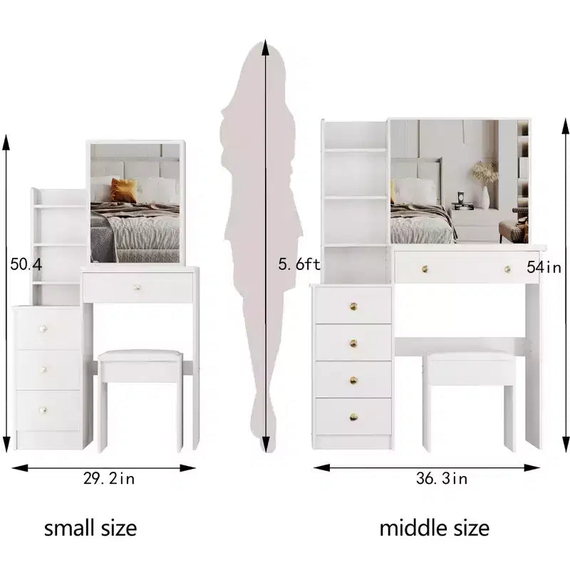 Coiffeuse Okak avec chaise et tabouret rembourré, coiffeuse compacte de 74,2 cm pour chambre à coucher, côté gauche, avec miroir LED coulissant tactile, blanc
