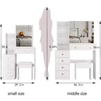 Coiffeuse Okak avec chaise et tabouret rembourré, coiffeuse compacte de 74,2 cm pour chambre à coucher, côté gauche, avec miroir LED coulissant tactile, blanc