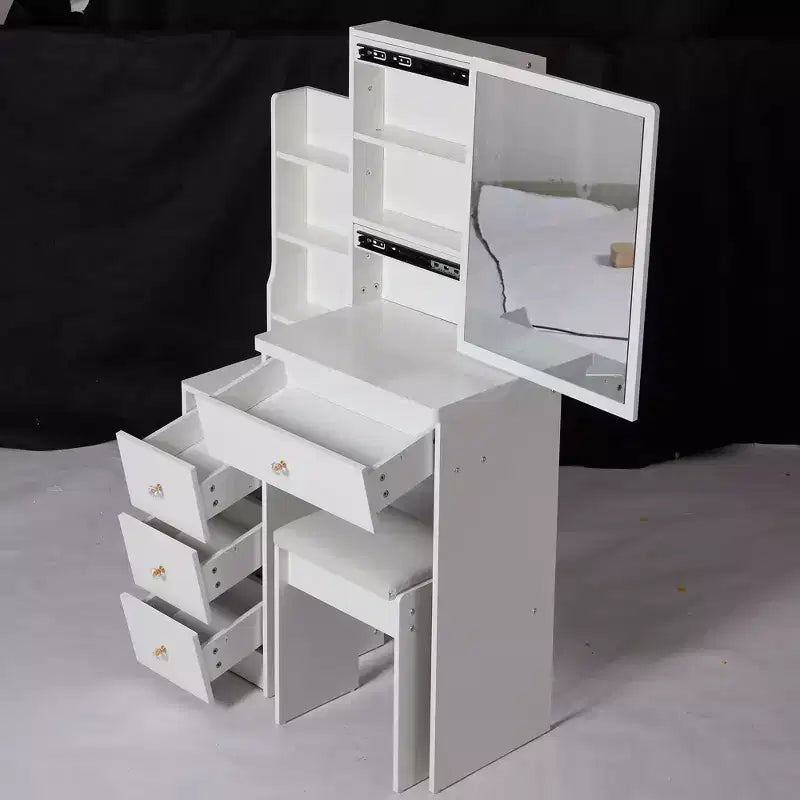 Coiffeuse Okak avec chaise et tabouret rembourré, coiffeuse compacte de 74,2 cm pour chambre à coucher, côté gauche, avec miroir LED coulissant tactile, blanc