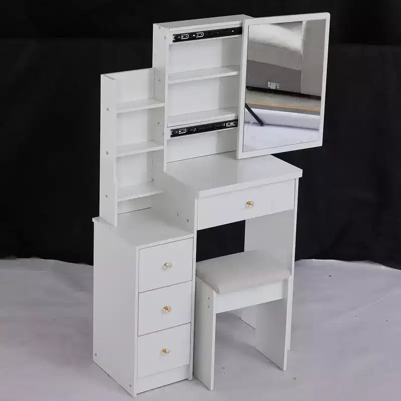 Coiffeuse Okak avec chaise et tabouret rembourré, coiffeuse compacte de 74,2 cm pour chambre à coucher, côté gauche, avec miroir LED coulissant tactile, blanc