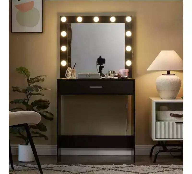 Coiffeuse Okak avec tiroirs spacieux et lumières, ensemble tabouret de coiffeuse avec compartiment de rangement et éclairage à luminosité réglable sur 3 niveaux, noir