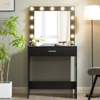 Coiffeuse Okak avec tiroirs spacieux et lumières, ensemble tabouret de coiffeuse avec compartiment de rangement et éclairage à luminosité réglable sur 3 niveaux, noir