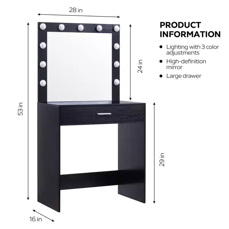 Coiffeuse Okak avec tiroirs spacieux et lumières, ensemble tabouret de coiffeuse avec compartiment de rangement et éclairage à luminosité réglable sur 3 niveaux, noir