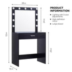 Coiffeuse Okak avec tiroirs spacieux et lumières, ensemble tabouret de coiffeuse avec compartiment de rangement et éclairage à luminosité réglable sur 3 niveaux, noir