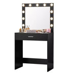 Coiffeuse Okak avec tiroirs spacieux et lumières, ensemble tabouret de coiffeuse avec compartiment de rangement et éclairage à luminosité réglable sur 3 niveaux, noir