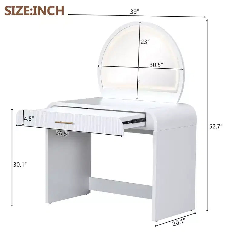 Okak 39 Table de Vanité avec Tiroirs et Lumières, Ensemble Coiffeuse Moderne avec Miroir Tactile Éclairé pour Chambre à Coucher, Blanc