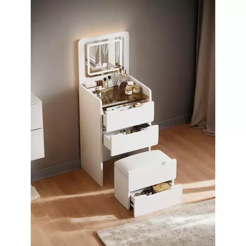 Okak 18.9 Ensemble coiffeuse et tabouret 3-en-1 avec miroir rabattable, coiffeuse compacte avec plateau en verre visible et 3 tiroirs, Blanc