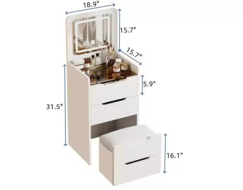 Okak 18.9 Ensemble coiffeuse et tabouret 3-en-1 avec miroir rabattable, coiffeuse compacte avec plateau en verre visible et 3 tiroirs, Blanc