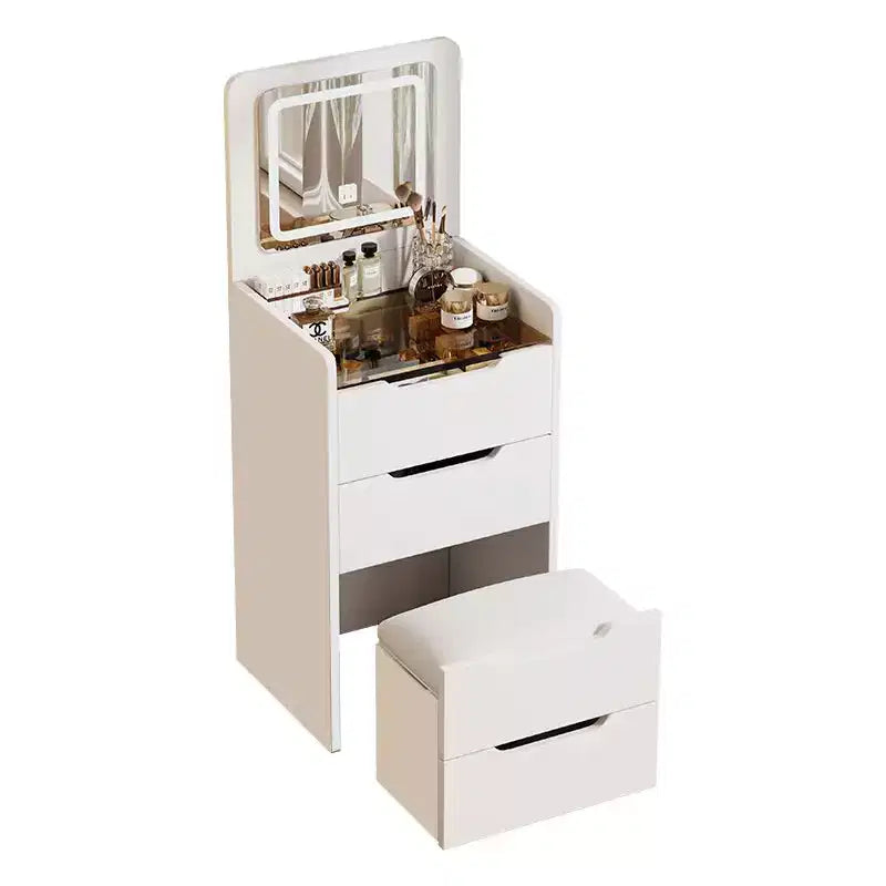 Okak 18.9 Ensemble coiffeuse et tabouret 3-en-1 avec miroir rabattable, coiffeuse compacte avec plateau en verre visible et 3 tiroirs, Blanc
