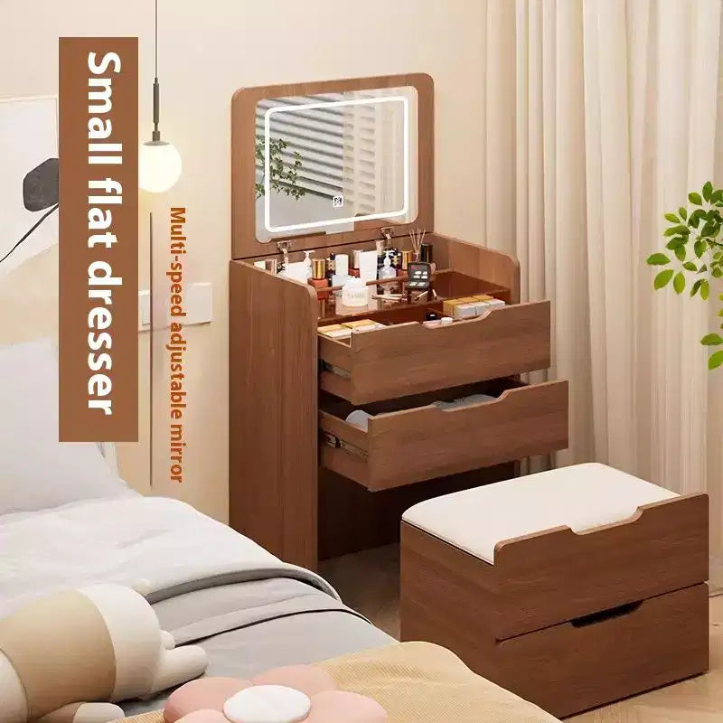 Coiffeuse et tabouret Okak 23.6 3-en-1 avec miroir rabattable, coiffeuse compacte avec plateau en verre visible et 3 tiroirs, noyer