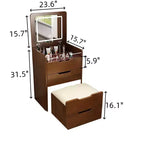 Coiffeuse et tabouret Okak 23.6 3-en-1 avec miroir rabattable, coiffeuse compacte avec plateau en verre visible et 3 tiroirs, noyer