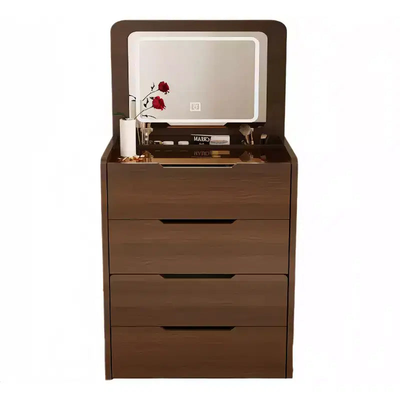 Coiffeuse et tabouret Okak 23.6 3-en-1 avec miroir rabattable, coiffeuse compacte avec plateau en verre visible et 3 tiroirs, noyer