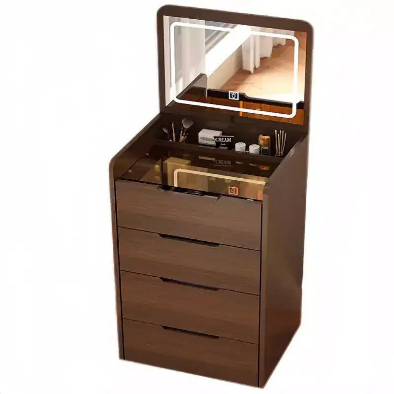 Coiffeuse et tabouret Okak 23.6 3-en-1 avec miroir rabattable, coiffeuse compacte avec plateau en verre visible et 3 tiroirs, noyer