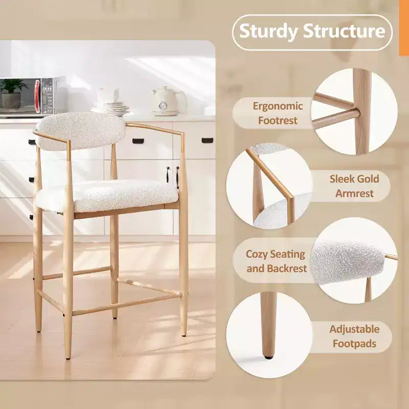 Lot de 2 tabourets de bar à manger en bouclette, avec pieds en métal imitation bois pour cuisine, salon, restaurant, café - Morden Fort
