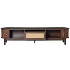 Meuble TV moderne de 75 po avec tiroir en rotin et portes coulissantes, console multimédia élégante en bois avec 2 armoires de rangement, marron foncé - HABITRIO