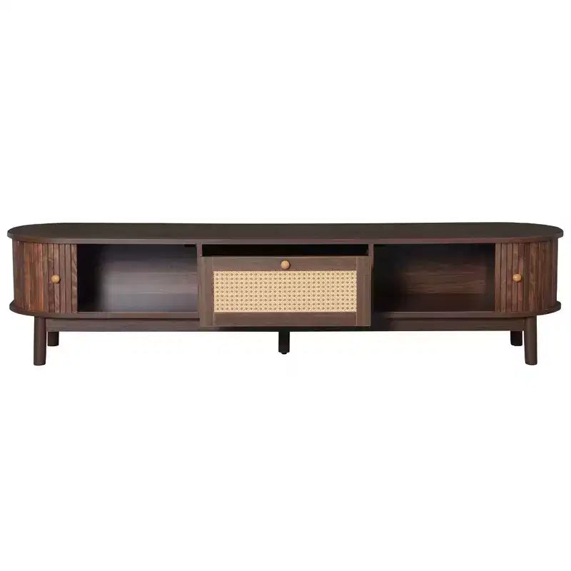 Meuble TV moderne de 75 po avec tiroir en rotin et portes coulissantes, console multimédia élégante en bois avec 2 armoires de rangement, marron foncé - HABITRIO
