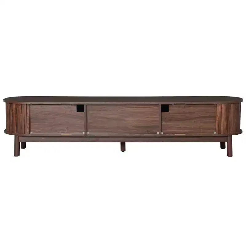 Meuble TV moderne de 75 po avec tiroir en rotin et portes coulissantes, console multimédia élégante en bois avec 2 armoires de rangement, marron foncé - HABITRIO