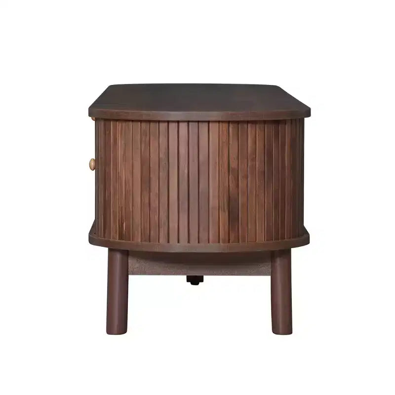 Meuble TV moderne de 75 po avec tiroir en rotin et portes coulissantes, console multimédia élégante en bois avec 2 armoires de rangement, marron foncé - HABITRIO