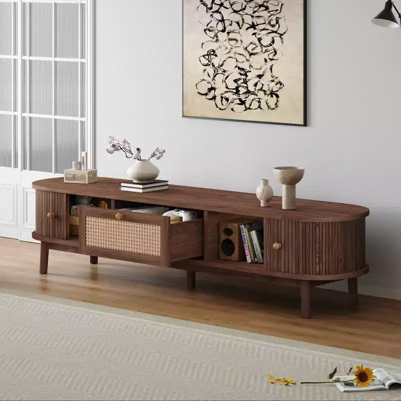 Meuble TV moderne de 75 po avec tiroir en rotin et portes coulissantes, console multimédia élégante en bois avec 2 armoires de rangement, marron foncé - HABITRIO