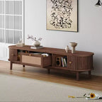 Meuble TV moderne de 75 po avec tiroir en rotin et portes coulissantes, console multimédia élégante en bois avec 2 armoires de rangement, marron foncé - HABITRIO