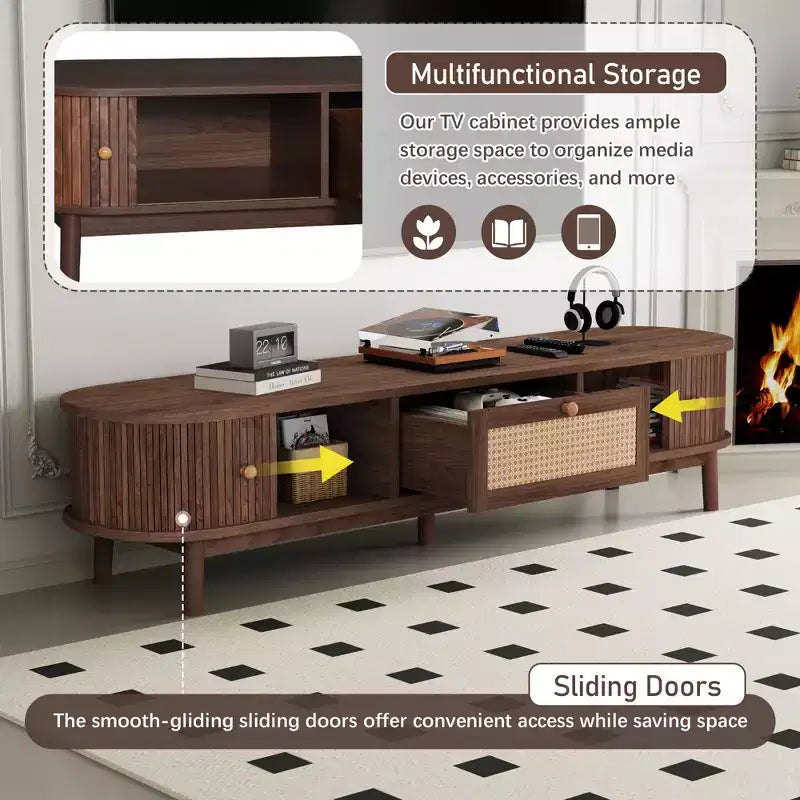 Meuble TV moderne de 75 po avec tiroir en rotin et portes coulissantes, console multimédia élégante en bois avec 2 armoires de rangement, marron foncé - HABITRIO