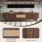 Meuble TV moderne de 75 po avec tiroir en rotin et portes coulissantes, console multimédia élégante en bois avec 2 armoires de rangement, marron foncé - HABITRIO