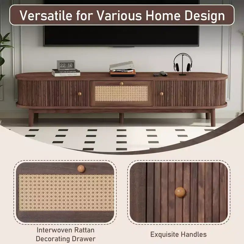 Meuble TV moderne de 75 po avec tiroir en rotin et portes coulissantes, console multimédia élégante en bois avec 2 armoires de rangement, marron foncé - HABITRIO
