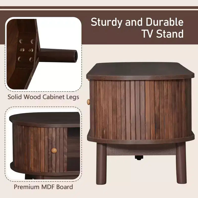 Meuble TV moderne de 75 po avec tiroir en rotin et portes coulissantes, console multimédia élégante en bois avec 2 armoires de rangement, marron foncé - HABITRIO